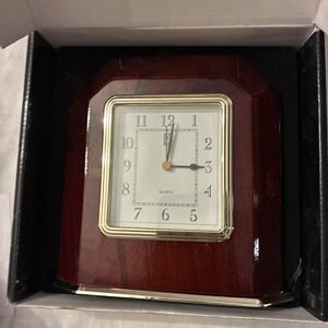 1997 PAUL SEBASTIAN LACQUER COATED WOODEN TABLE CLOCK w/POLISHED BRASS TRIM